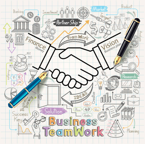 business teamwork konzept und kritzeleien icons set. - spurt stock-grafiken, -clipart, -cartoons und -symbole