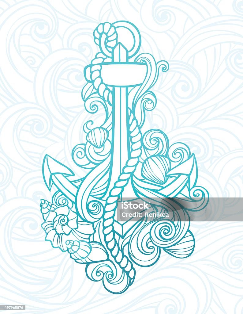 Stylized anchor with waves Anchor tattoo with shells and stylized waves in the form of curls 2015 stock vector