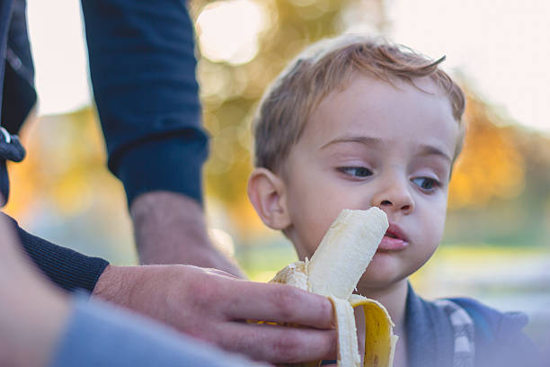 istock 2 year old boy eating banana , autumn day 497965994