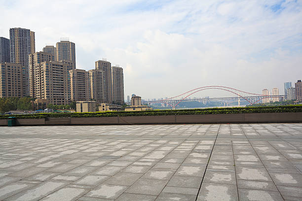 istock Empty marble floor with city building background 497966106