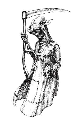 Death in a raincoat with a hood and is holding an hourglass as a symbol of countdown