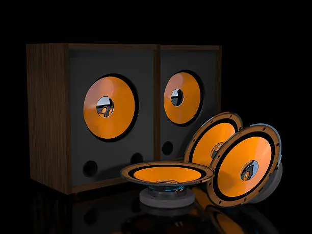 Photo of Loudspeakers and speakers are on a black background.