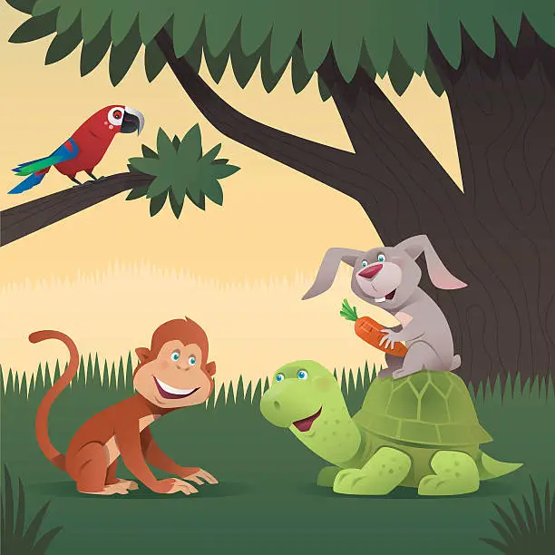 Vector illustration of monkey rabbit and tortoise