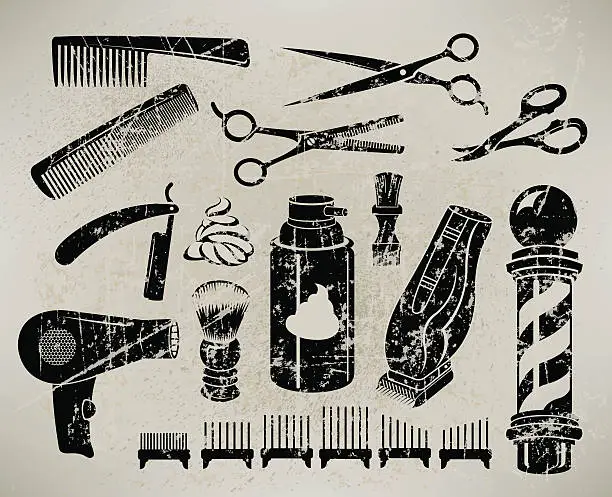 Vector illustration of Barber Shop Items Retro Grunge