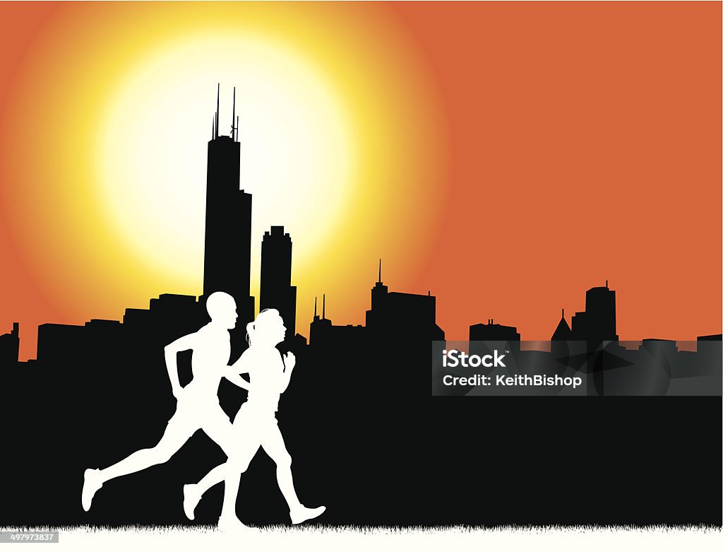 Interracial Couple Jogging in Chicago - Fitness Graphic Background Interracial Couple Jogging in Chicago - Fitness Graphic Background. Graphic silhouette illustration of interracial couple exercising or jogging in the city of Chcago. Scale to any size. Check out my "Fitness, Exercise & Running” light box for more. Marathon stock vector