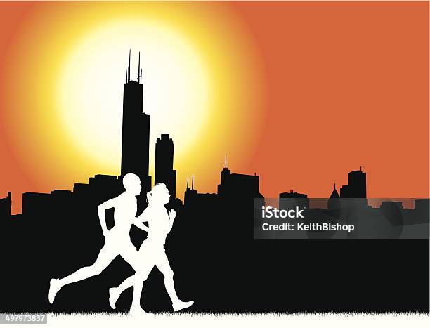 Interracial Couple Jogging In Chicago Fitness Graphic Background Stock Illustration - Download Image Now