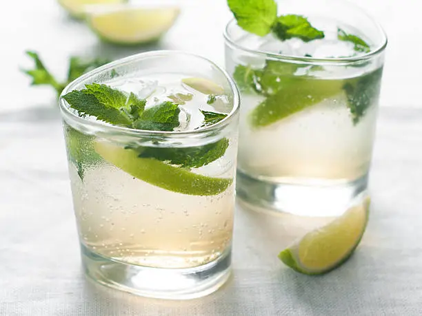 Cold fresh lemonade with lime and mint, selective focus