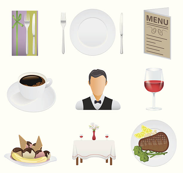 ресторан icon set - cupcake set food and drink metal stock illustrations