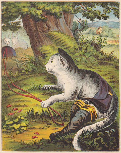 Puss in Boots, fairy tale, lithograph, published in 1875 Puss in Boots, an european fairy tale (first published by Charles Perrault, French author, 1628 - 1703). Lithograph, published  in 1875. brothers grimm stock illustrations