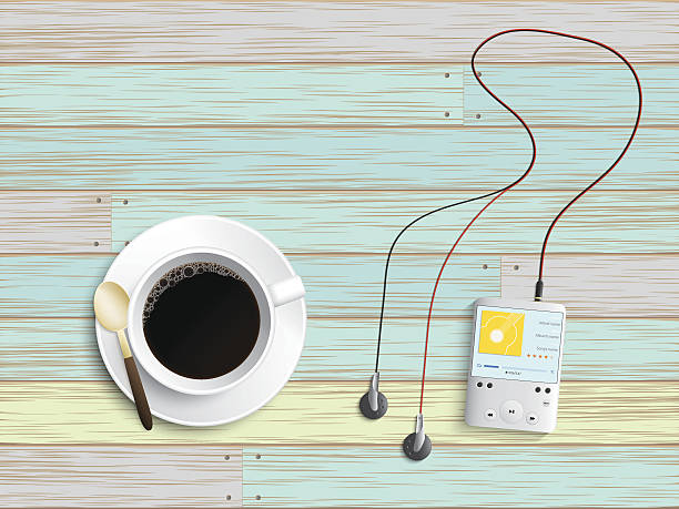 цифровой музыкальный плеер и черный кофе во время перерывов - coffee stained wood stain coffee cup stock illustrations