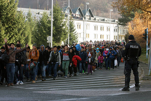 Refugees at Slovenia - Austria Border, November 19, 2015 stock photo