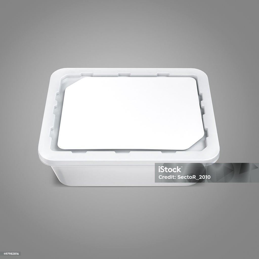 White bank for food on gray background White bank for food oil, mayonnaise, margarine, cheese, ice cream, olives,, pickles, sour cream. Food and drink plastic blank. Template Ready For Your Design. Isolated on gray 2015 Stock Photo