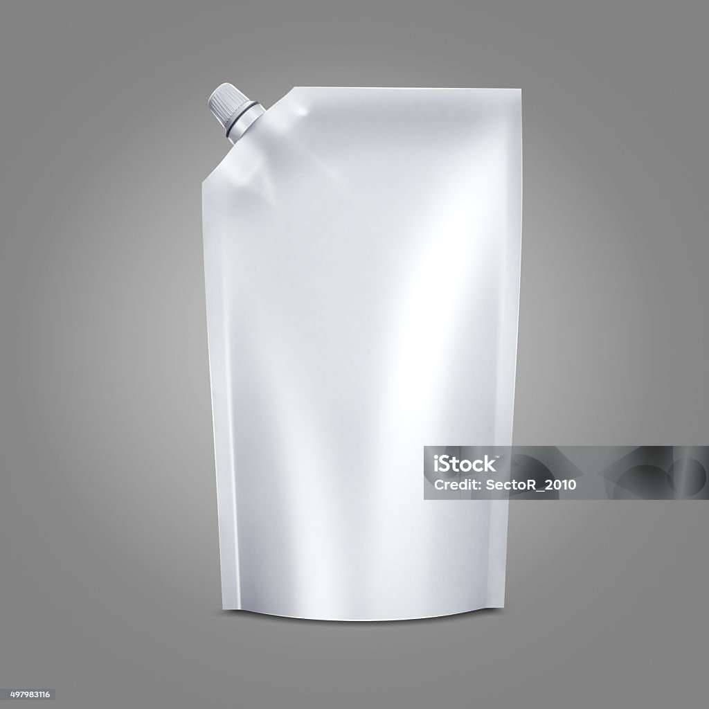 White bank for food on gray background White Blank doypack food bag packaging with spout lid for ketchup, mayonnaise, condensed milk, cheese, sauce, liquid, cream, mousse, honey, chocolate, butter products. Template ready for your design. Isolated on gray background Food Stock Photo