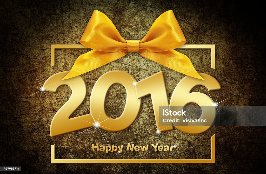 happy new year 2016 golden text with box and ribbon happy new year 2016 golden text with box and ribbon on grunge  background 2015 Stock Photo