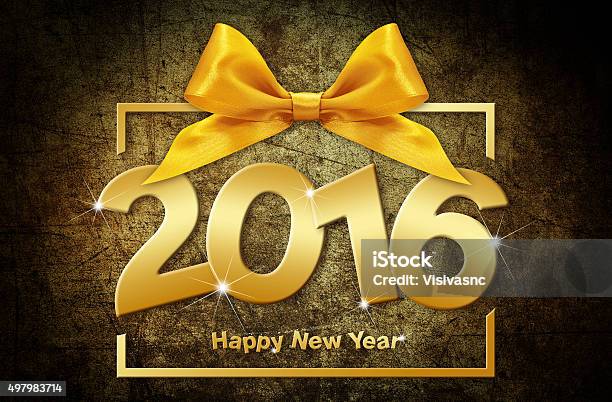 Happy New Year 2016 Golden Text With Box And Ribbon Stock Photo - Download Image Now