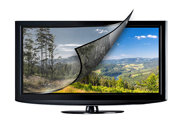 Television display concept. Television display with new technology. Full ultra HD 8k on modern TV. hd format stock pictures, royalty-free photos & images