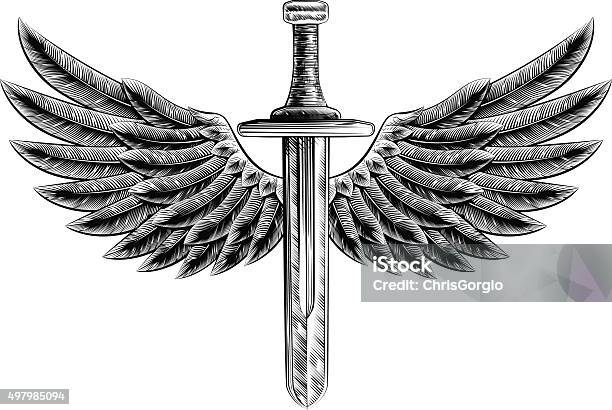 Vintage Woodcut Winged Sword Stock Illustration - Download Image Now - Animal Wing, Sword, Tattoo