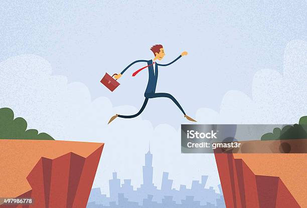 Businessman Jump Over Cliff Gap Mountain Stock Illustration - Download Image Now - 2015, Adult, Business