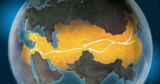 Map of Silk Road: routes connecting Asia to Europe Map of Silk Road, a network of overland routes that connected China to Middle East and Europe through Central Asia. The road network was used in the past centuries by merchants trading goods and silk between distant countries and cross-continental regions. Marco Polo, an italian explorer, is believed to have travelled the route in the 13th century. Geopolitics, commerce and diplomacy connected to history and geography. Map is blank, without country names. Map is for illustration puroposes only, country grouping and current borders status may differ. north africa stock pictures, royalty-free photos & images