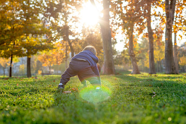 2 year old boy stands up in the park after falling