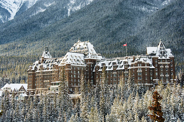 istock Scenic Banff Springs Hotel after first November snow fall 497991414