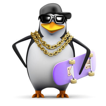 3d render of a penguin with gold chains and skateboard