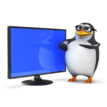 3d render of a penguin next to his new widescreen lcd television