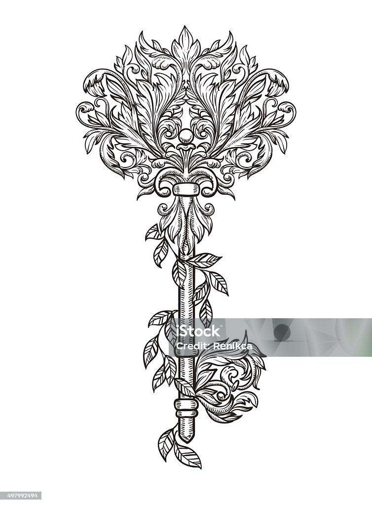 Stylized Graphic Key In Floral Pattern Stock Illustration - Download ...