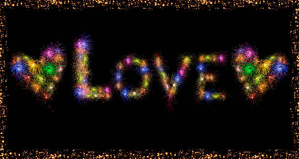 istock Love word text and Heart shape colorful fireworks 497993300