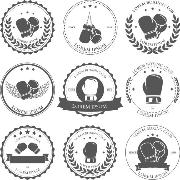 illustrazioni stock, clip art, cartoni animati e icone di tendenza di boxe set di etichette e badge. vettore - conflict boxing glove classic sport