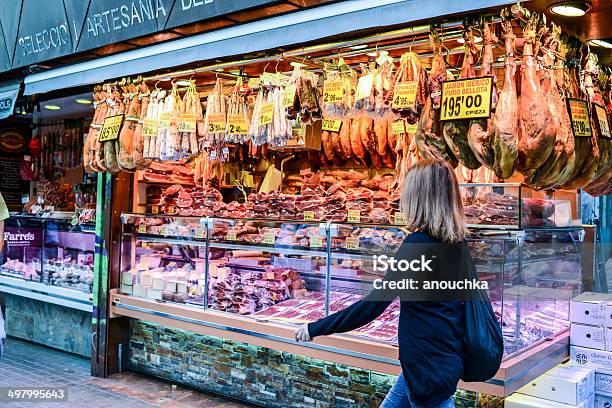 Iberian Ham For Sale At La Boqueria Market Barcelona Stock Photo - Download Image Now