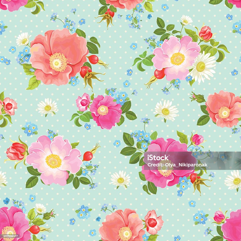 Seamless pattern with dog roses and forget-me-nots. Seamless vector pattern with dog roses, chamomiles and forget-me-nots. Flower stock vector