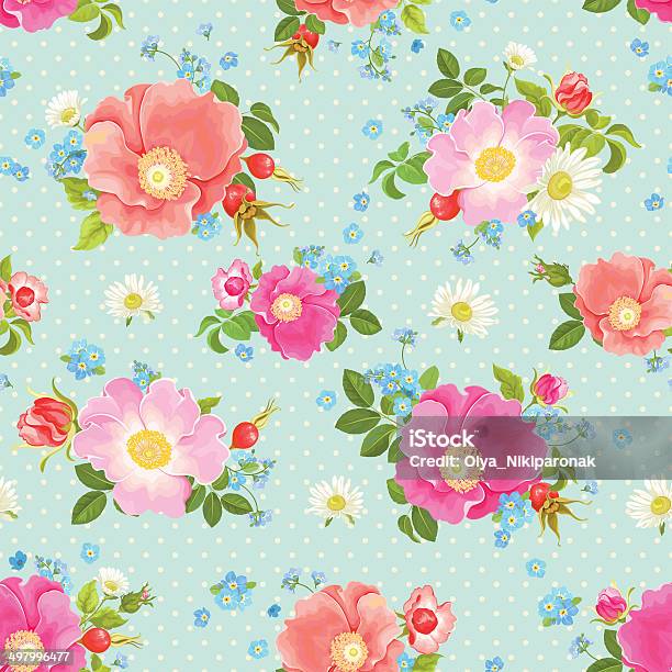 Seamless Pattern With Dog Roses And Forgetmenots Stock Illustration - Download Image Now