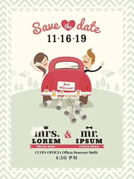 Vector illustration of Just married car wedding invitation design