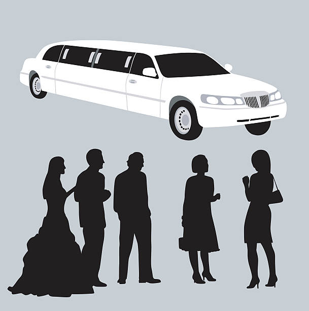Stretch Limo A vector silhouette illustration of teenage prom attendees standing near a white limo. The young men wear tuxedos while the young ladies wear dresses. silhouette of a prom dress sketches stock illustrations