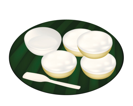 Thai Traditional Dessert, Illustration of Kanom Thuay or Coconut Pudding Made From Coconut, Tapioca Flour, Pandan Leaves and Sugar on Banana Leaf.