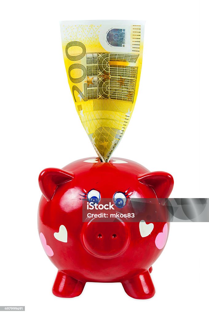 Piggy bank and 200 euro banknote Piggy bank and 200 euro banknote isolated on white background with clipping path Bank Deposit Slip Stock Photo