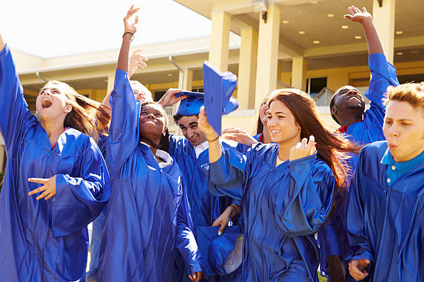 Group Of High School Students Celebrating Graduation Throwing Caps In The Air Smiling