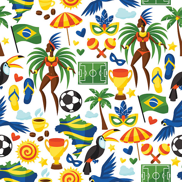 brazil seamless pattern with stylized objects and cultural symbols - popo tokatlamak stock illustrations