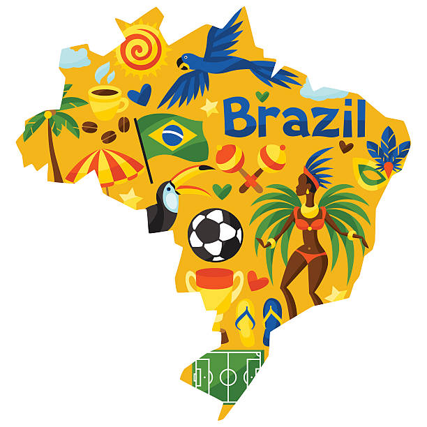 ilustrações de stock, clip art, desenhos animados e ícones de mapa do brasil com imagens estilizadas e objectos culturais símbolos - the americas latin american and hispanic ethnicity map latin america