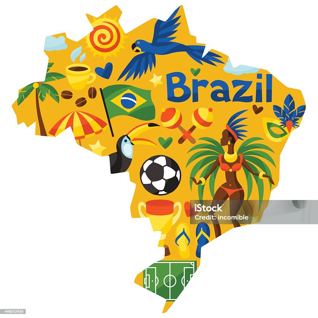 Brazil map with stylized objects and cultural symbols Brazil map with stylized objects and cultural symbols. Brazil stock vector