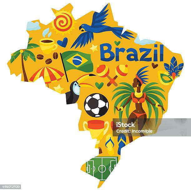 Brazil Map With Stylized Objects And Cultural Symbols Stock Illustration - Download Image Now