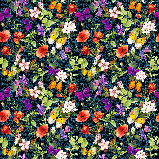 istock Flowers in meadow, Repeated floral background. Watercolor 498013352