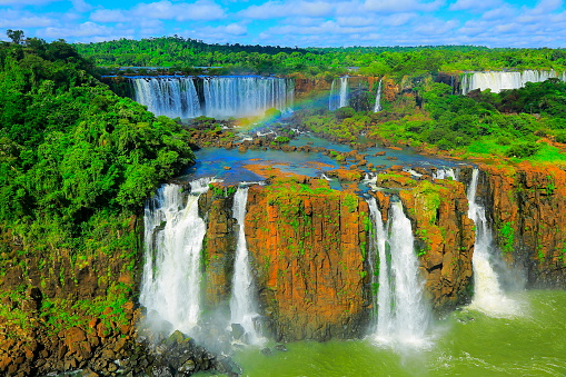 Iguazu Falls, the largest series of waterfalls of the world, located at the Brazilian and Argentinian border, View from Brazilian side, one of the Seven Natural Wonders of the World