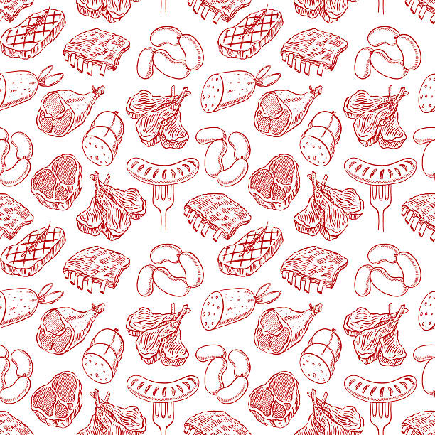 bezszwowe szkic produkty mięsne - meat steak sausage salami stock illustrations