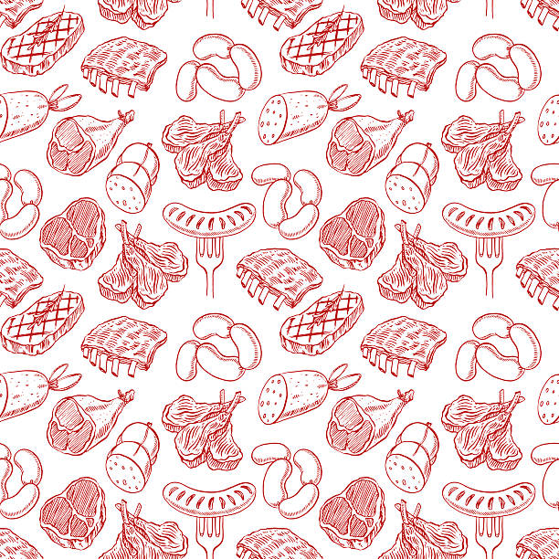 seamless sketch meat products seamless background with appetizing sketch meat products. hand-drawn illustration pork illustrations stock illustrations