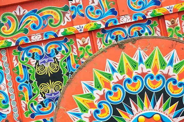 Close-up of a Costa Rican wagon, painted in colors and folkloric ornaments. 