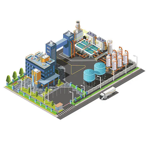 Vector illustration of Isometric Industrial area, plant, hydroelectric