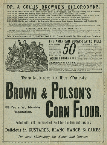 London, England - January 4, 2015: Three advertisements, Dr J Collis Browne’s Chlorodyne (for stomach upsets), American Sugar-Coated Pills and Brown & Polson’s Corn Flour, from “Chats About Sailors” by “Mercie Sunshine” (a pseudonym), published by Ward, Lock & Bowden Limited in the 1890s. (The company of Ward Lock traded as Ward, Lock & Bowden Limited from 1893-1897 so the book was published between those dates.) Image scanned 4 January 2015 and modified 19 November 2015.
