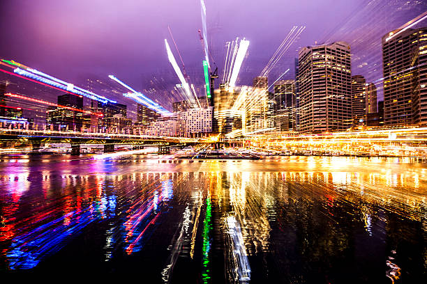 Sydney business district blurred zoom night view, Australia.